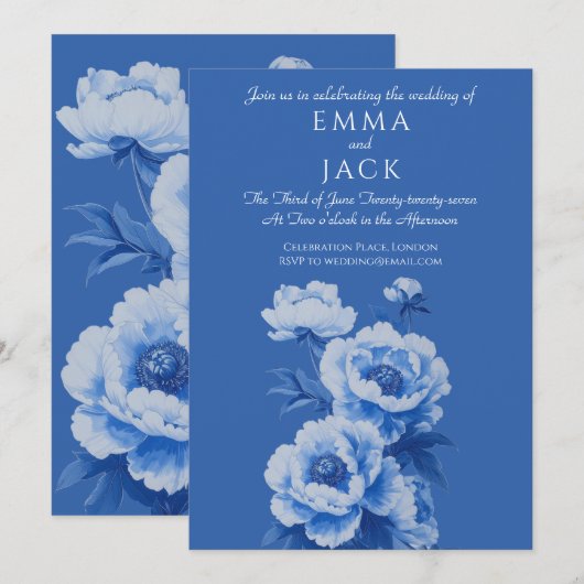 Blue and white peonies pretty wedding invitation 招待状 (正面/裏面)