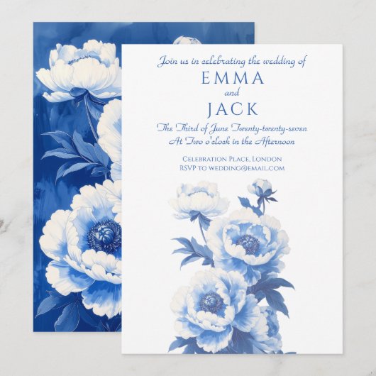 Blue and white peonies wedding invitation 招待状 (正面/裏面)