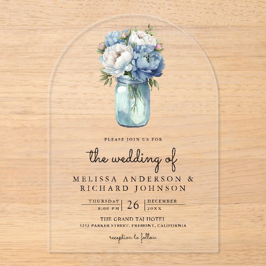 Blue and White Peony Mason Jar Wedding アクリル招待状 (正面)
