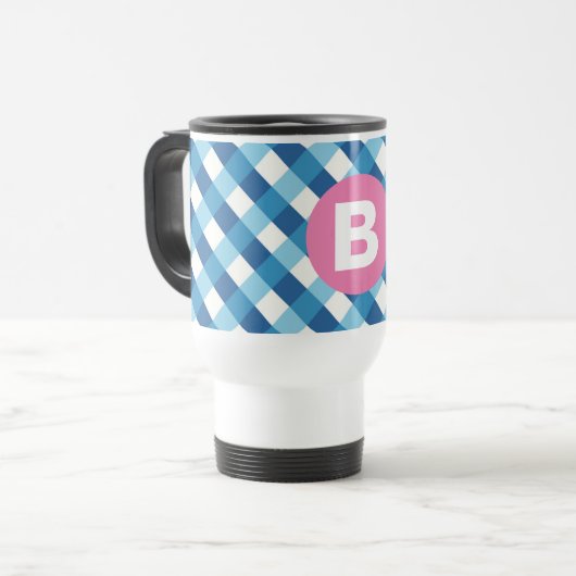 Blue and White Plaid Checked Pink Monogram トラベルマグ (正面左)