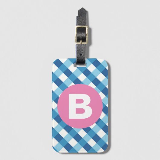 Blue and White Plaid Checked Pink Monogram ラゲッジタグ (正面縦)