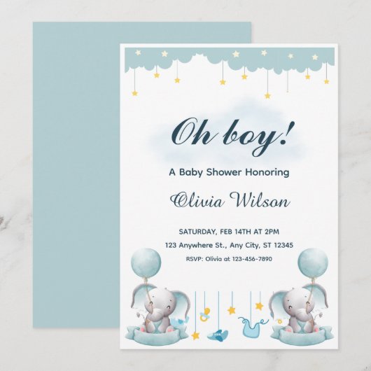 Blue and White Playful Baby Shower Invitation 招待状 (正面/裏面)