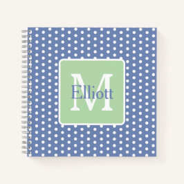 Blue and White Polka Dots With Green Monogram ノートブック