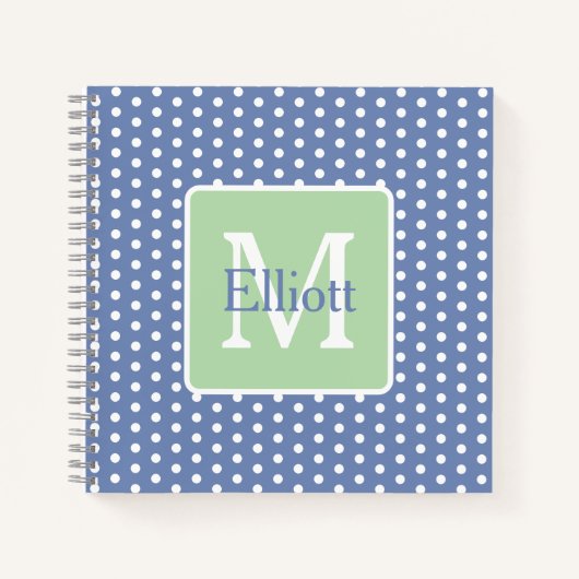 Blue and White Polka Dots With Green Monogram ノートブック (正面)