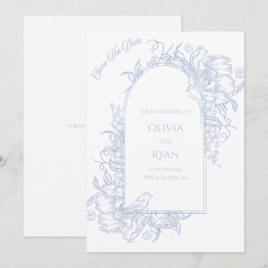 Blue And White Save The Date 招待状 (正面/裏面)