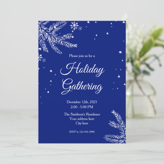 Blue and White Snowflake 5"x7" Holiday Gathering 招待状 (スタンド正面)