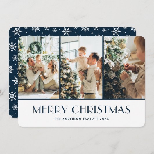 Blue  and White Snowflakes Photo Christmas Card シーズンカード (正面/裏面)