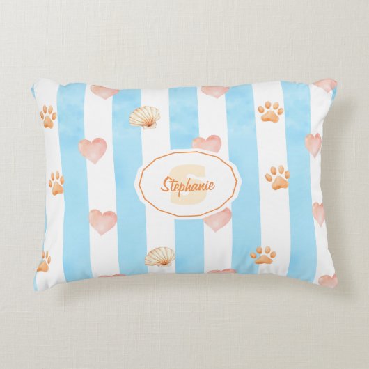 Blue and White Stripe - Hearts,, Paw Print, Shell アクセントクッション (正面)
