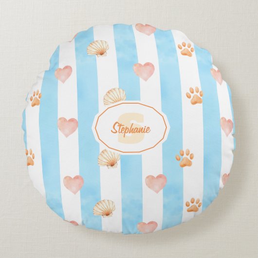 Blue and White Stripe - Hearts,, Paw Print, Shell ラウンドクッション (正面)