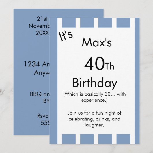 Blue and White Striped Birthday Invitation – 招待状 (正面/裏面)