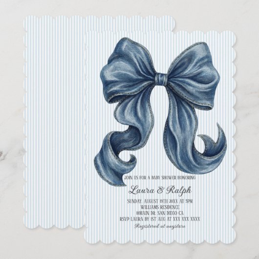 Blue and White Stripes Baby Shower 招待状 (正面/裏面)