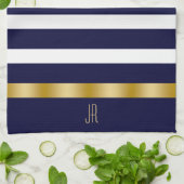 Blue and white stripes pattern gold accents キッチンタオル (折り畳み)