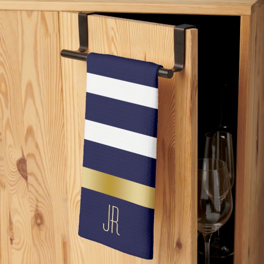 Blue and white stripes pattern gold accents キッチンタオル (三つ折り)