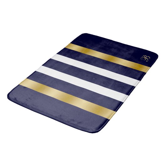 Blue and white stripes pattern gold accents バスマット (アングル)