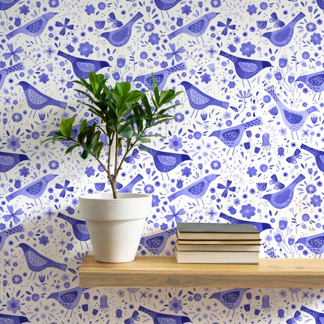 Blue and White Watercolor Birds and Flowers 壁紙 (Blue and white watercolor bird and wildflower art wallpaper)