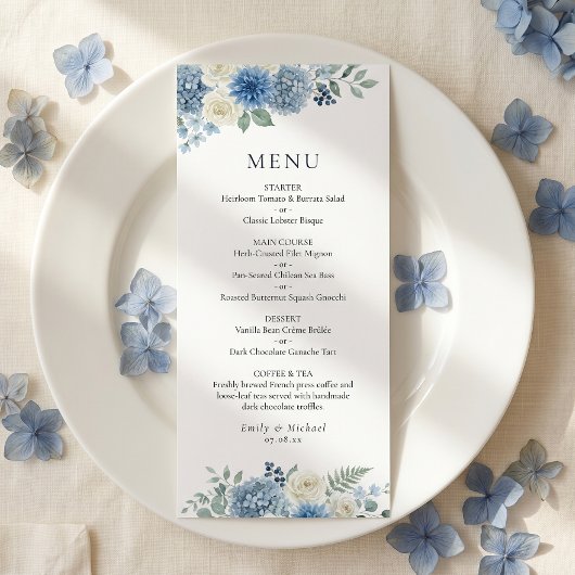 Blue And White Watercolor Floral Flat Menu メニュー