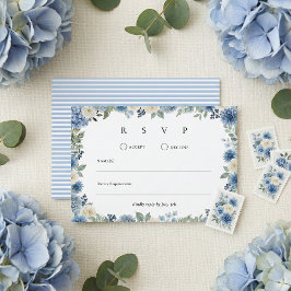 Blue And White Watercolor Floral Wedding 出欠カード