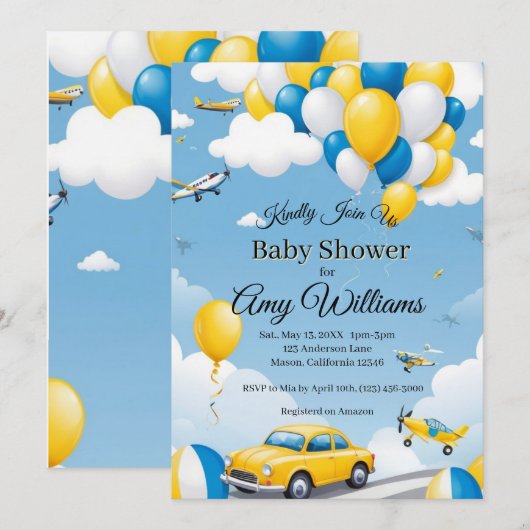 Blue and Yellow Boy Baby Shower Invitation 招待状 (正面/裏面)