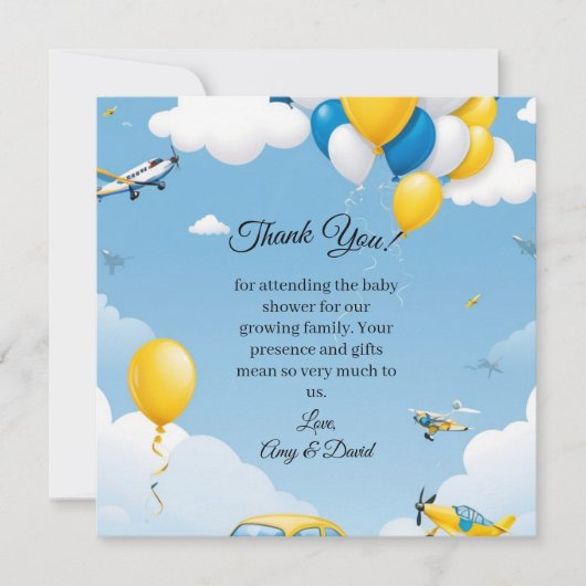 Blue and Yellow Boy Baby Shower Thank You サンキューカード (正面)