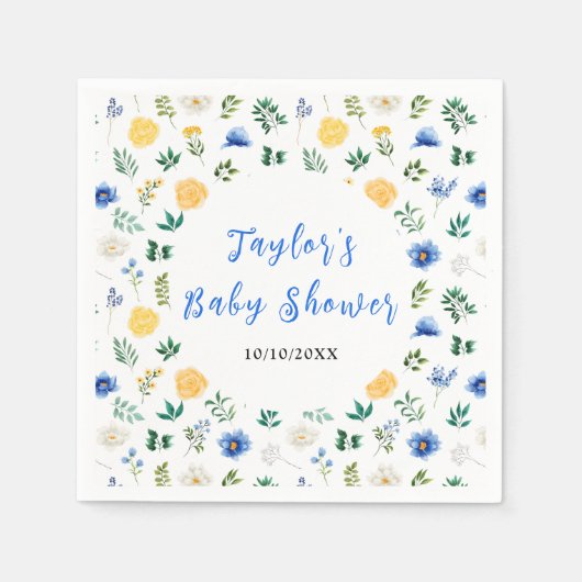 Blue and Yellow Floral Baby Shower スタンダードカクテルナプキン (正面)