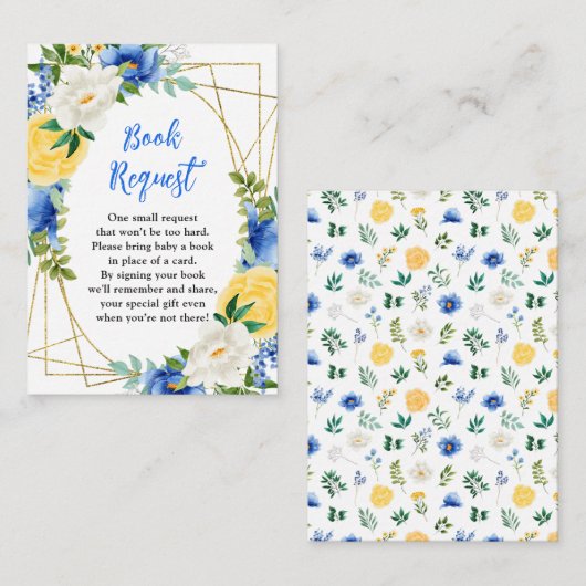 Blue and Yellow Floral Baby Shower Book Request エンクロージャーカード (正面/裏面)