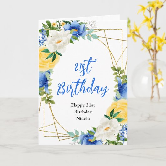 Blue and Yellow Floral Birthday カード (黄色い花)