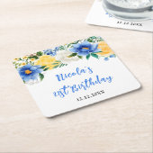 Blue and Yellow Floral Birthday スクエアペーパーコースター (アングル)