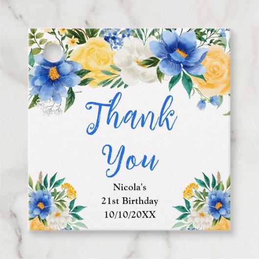 Blue and Yellow Floral Birthday Thank You フェイバータグ (正面)