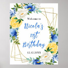 Blue and Yellow Floral Birthday Welcome ポスター