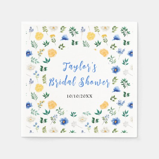 Blue and Yellow Floral Bridal Shower スタンダードカクテルナプキン (正面)