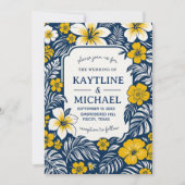 Blue and Yellow Floral Elegant Hawaiian Hibiscus 招待状 (正面)