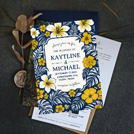 Blue and Yellow Floral Elegant Hawaiian Hibiscus 招待状