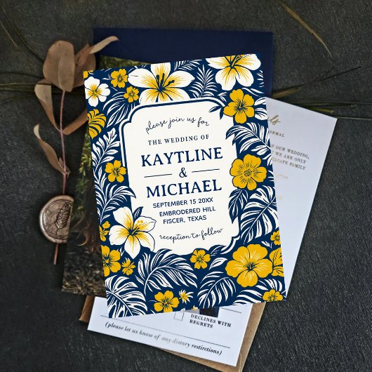 Blue and Yellow Floral Elegant Hawaiian Hibiscus 招待状