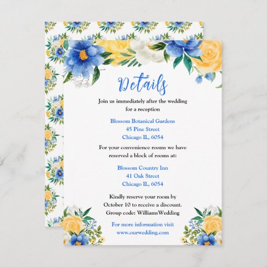 Blue and Yellow Floral Wedding Details エンクロージャーカード (正面/裏面)