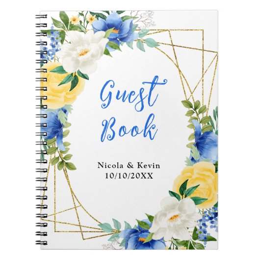 Blue and Yellow Floral Wedding Guest Book ノートブック (正面)