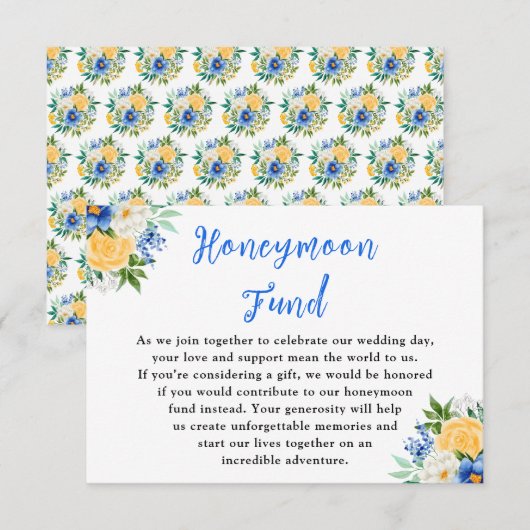 Blue and Yellow Floral Wedding Honeymoon Fund エンクロージャーカード (正面/裏面)