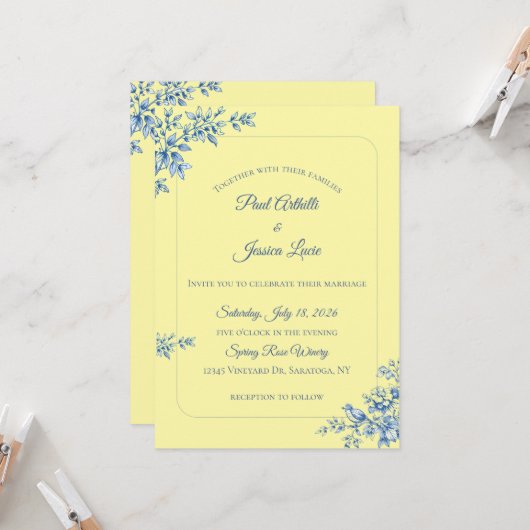 Blue and Yellow Floral Wedding Invitation 招待状 (正面/裏面インサイチュ)