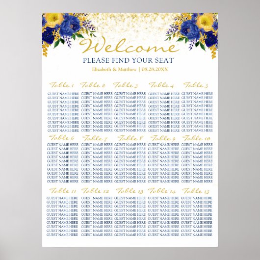 Blue and Yellow Floral Wedding Seating Chart ポスター (正面)