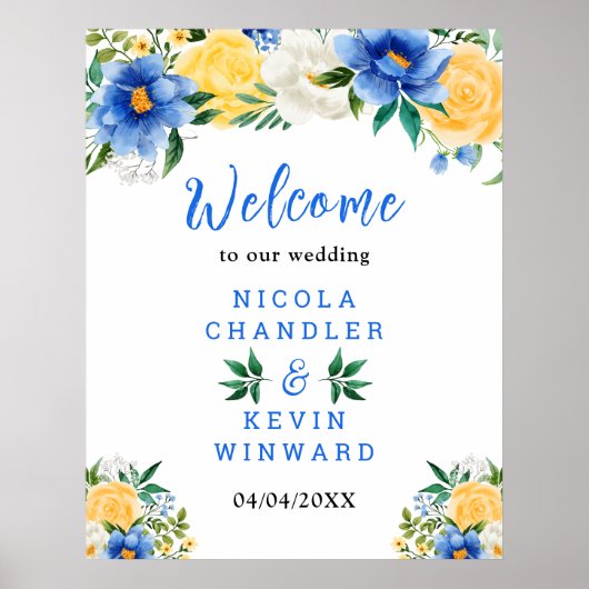 Blue and Yellow Floral Wedding Welcome Sign ポスター (正面)