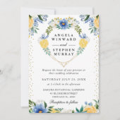 Blue and Yellow Flowers Heart Wreath Wedding 招待状 (正面)