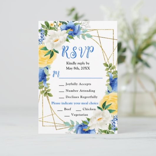 Blue and Yellow Flowers with Foliage Wedding 出欠カード (スタンド正面)