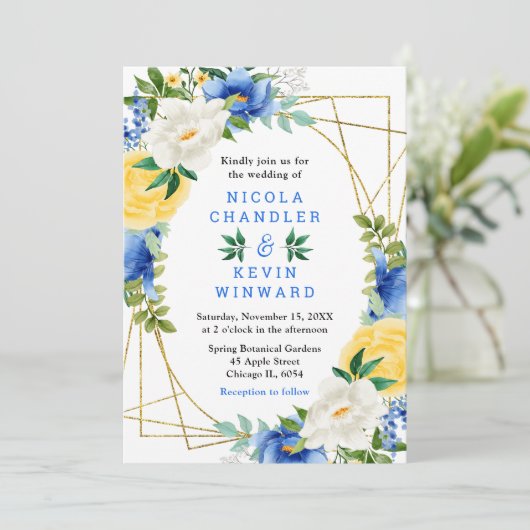 Blue and Yellow Flowers with Foliage Wedding 招待状 (スタンド正面)