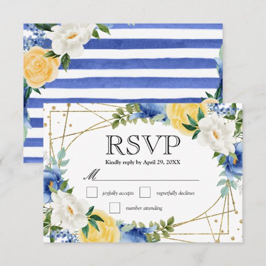 Blue and Yellow Summer Flowers Wedding 出欠カード (正面/裏面)