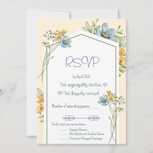 Blue And Yellow Wildflowers Geometric RSVP Card 招待状 (正面)