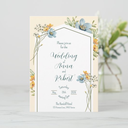 Blue And Yellow Wildflowers Geometric Wedding 招待状 (スタンド正面)