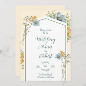Blue And Yellow Wildflowers Geometric Wedding 招待状 (正面/裏面)