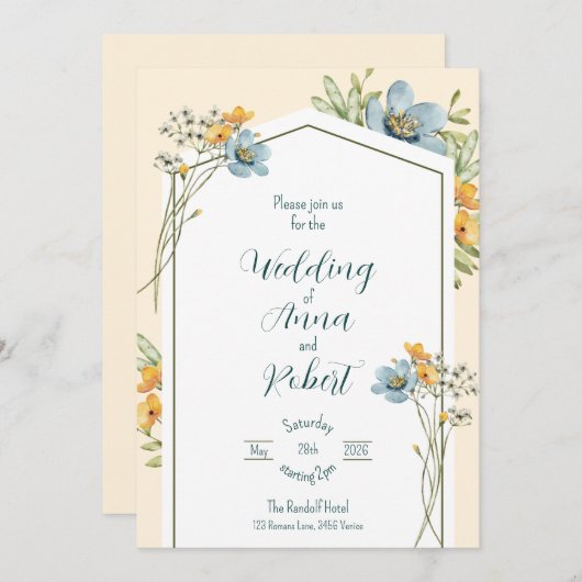 Blue And Yellow Wildflowers Geometric Wedding 招待状 (正面/裏面)