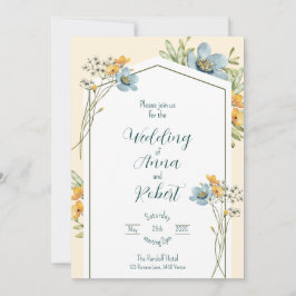 Blue And Yellow Wildflowers Geometric Wedding 招待状