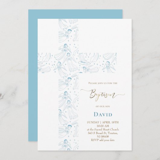 blue angels pattern Holy Cross Baptism 招待状 (正面/裏面)