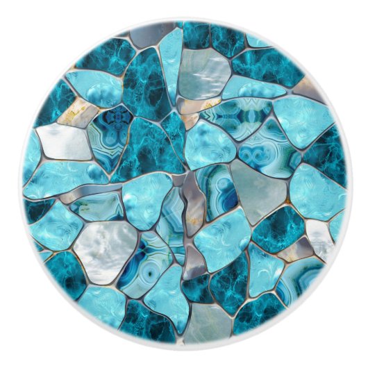 Blue aqua gemstone abstract cells セラミックノブ (正面)